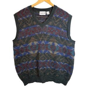 Paulo Conti Vintage Wool Men's VNeck Patterned Knit Sweater Vest Grandpa Core XL